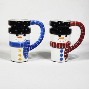 Bella Casa Pottery X2 Snowmen Glazed by Ganz Mug Drink Cup His Her Set
